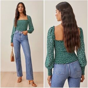 Reformation Green Floral Pinto Top